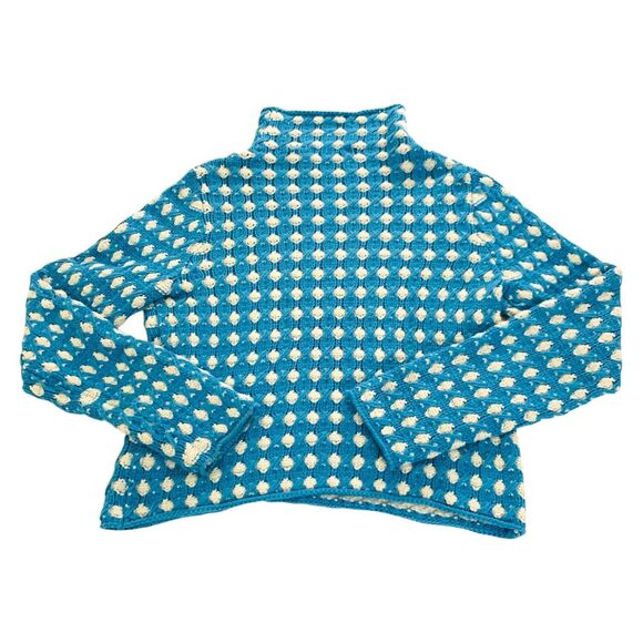 Anthropologie Sleeping on Snow Sweater S Blue Crochet Popcorn Mock Neck - Picture 7 of 8